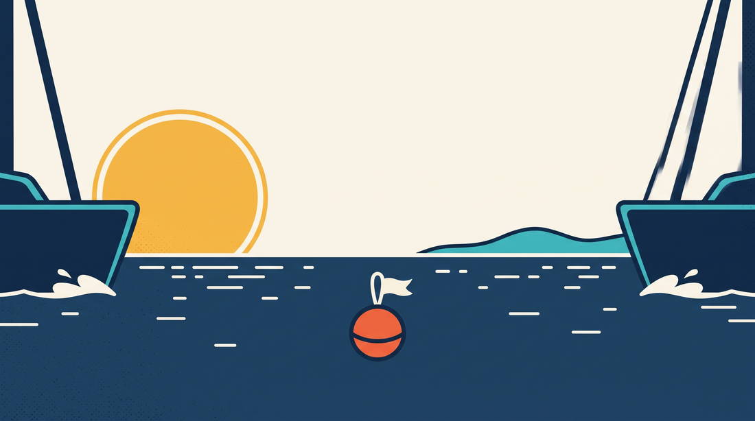 A mooring ball and pennant in the water with a catamaran behind