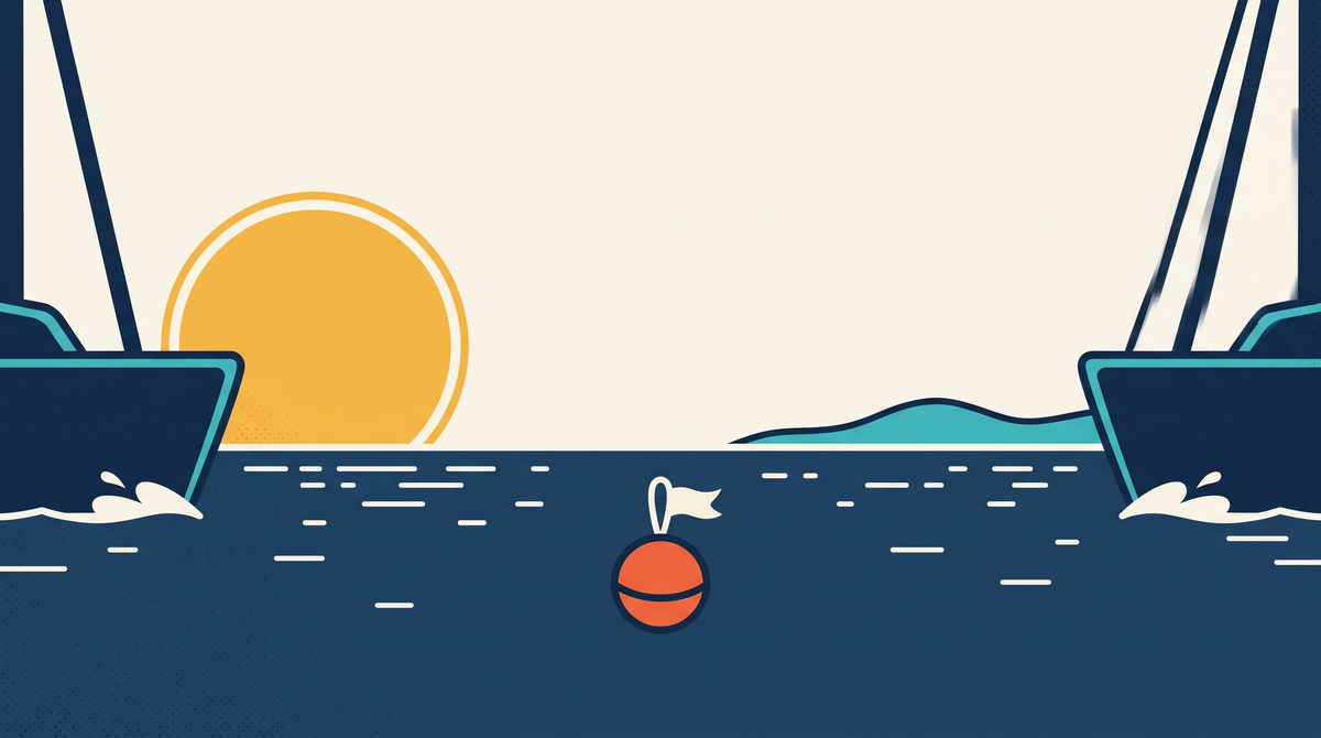 A mooring ball and pennant in the water with a catamaran behind