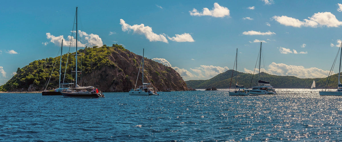 Sailboats and catamarans on moorings at The Indians, British Virgin Islands