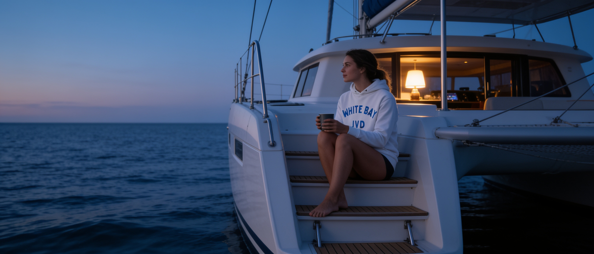 Woman in the White Bay Hoodie on a catamaran transom at dusk