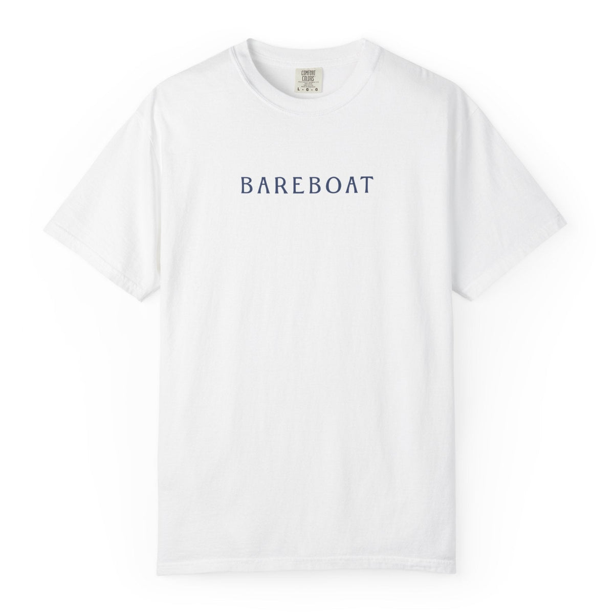 Front of the white Bareboat Motto Tee with BAREBOAT across the chest