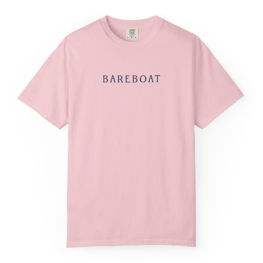 Front of the pink Bareboat Motto Tee with BAREBOAT across the chest