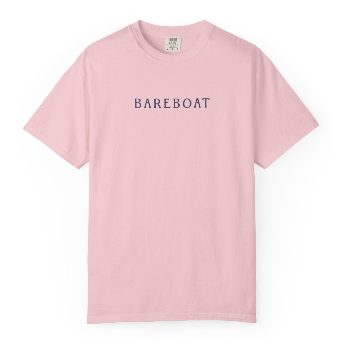 Front of the pink Bareboat Motto Tee with BAREBOAT across the chest