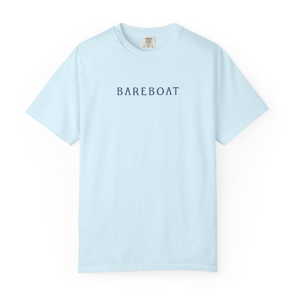 Front of the chambray Bareboat Motto Tee with BAREBOAT across the chest