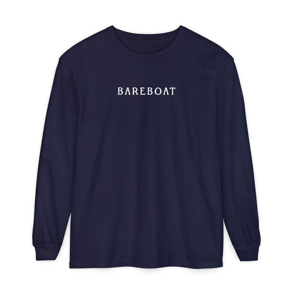 Front of the navy Bareboat Motto Long Sleeve with BAREBOAT across the chest