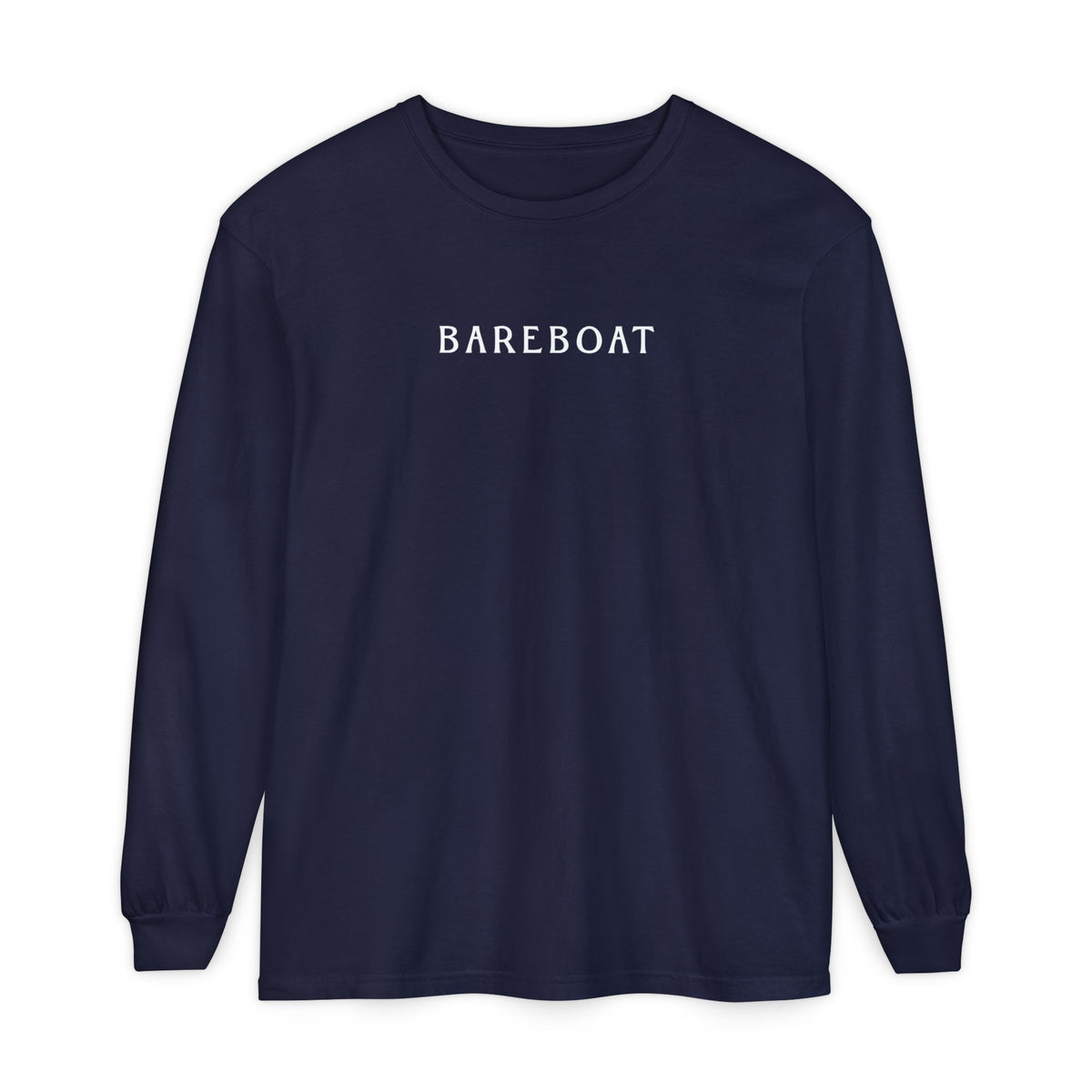 Front of the navy Bareboat Motto Long Sleeve with BAREBOAT across the chest