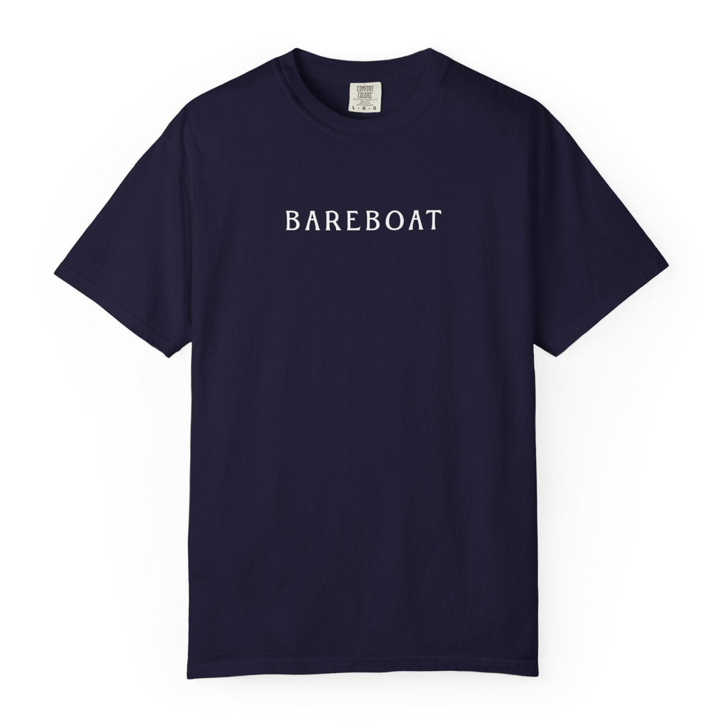 Front of the navy Bareboat Motto Tee with BAREBOAT across the chest