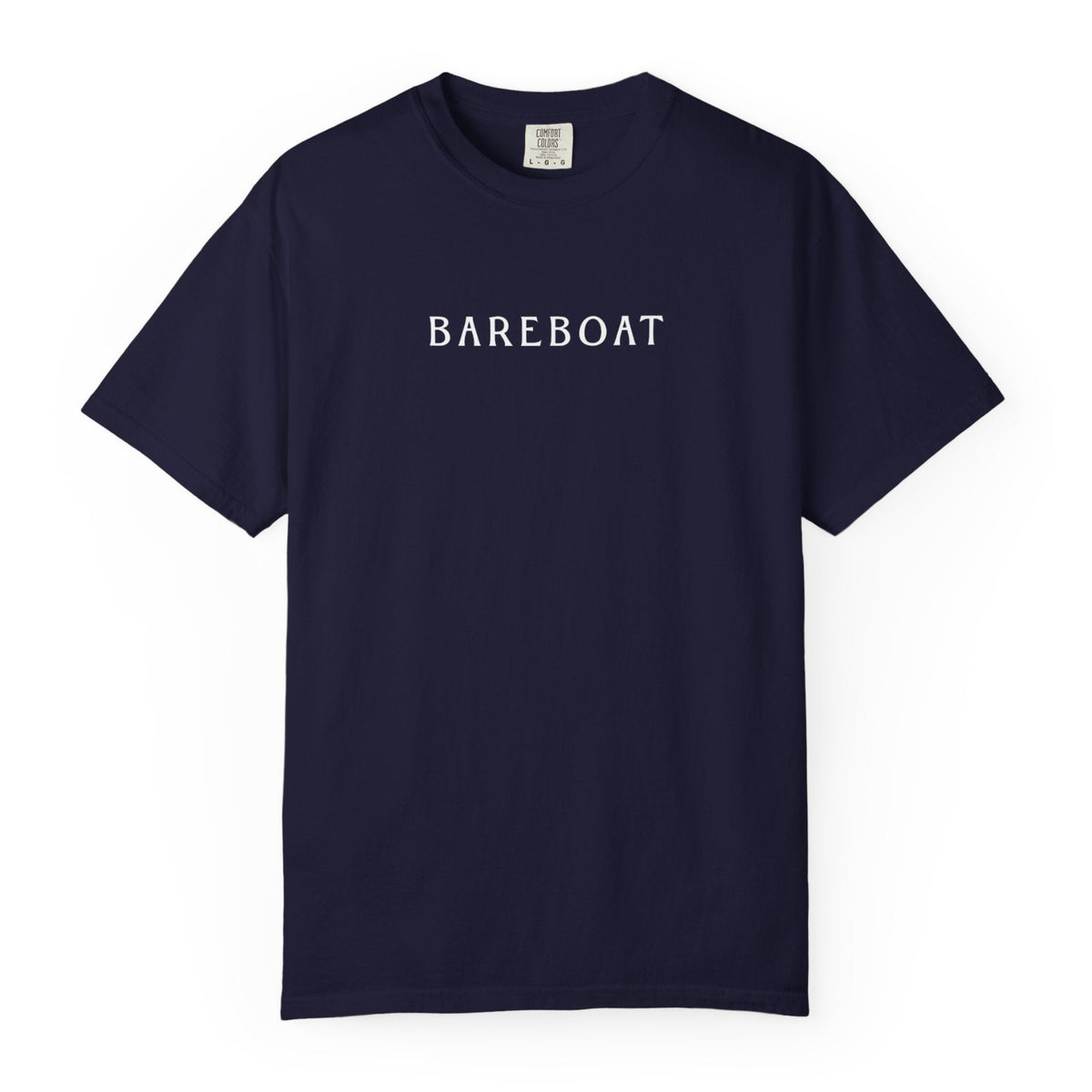 Front of the navy Bareboat Motto Tee with BAREBOAT across the chest