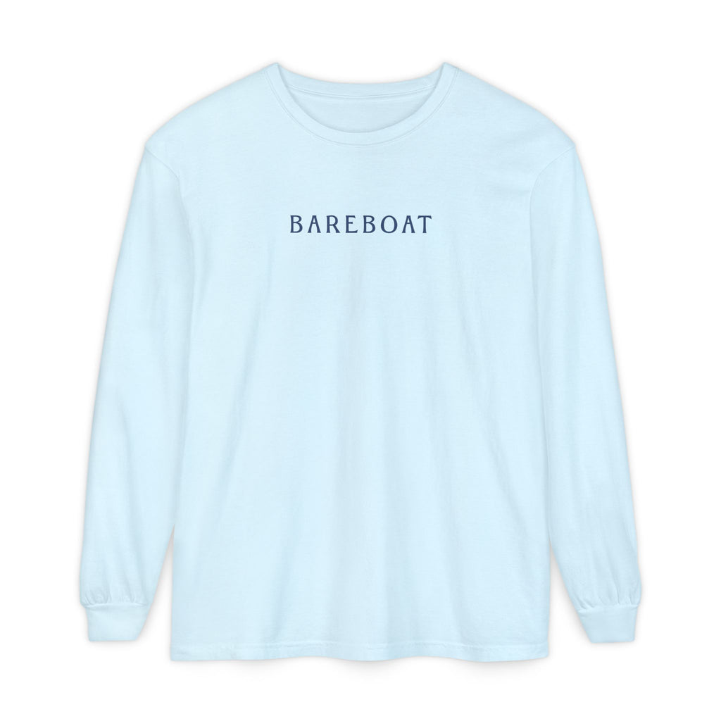 Front of the chambray Bareboat Motto Long Sleeve with BAREBOAT across the chest