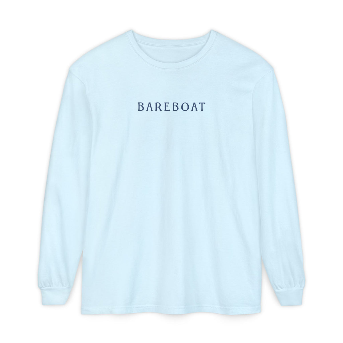 Front of the chambray Bareboat Motto Long Sleeve with BAREBOAT across the chest