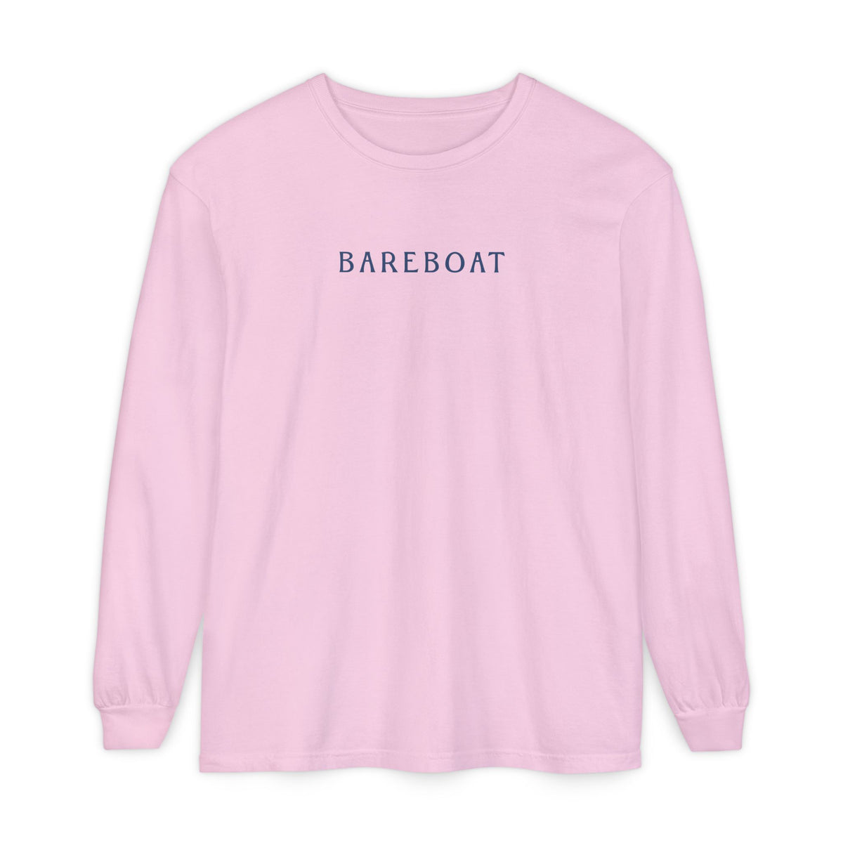 Front of the pink Bareboat Motto Long Sleeve with BAREBOAT across the chest