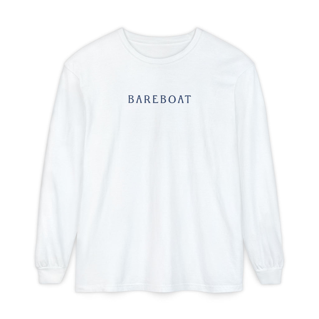 Front of the white Bareboat Motto Long Sleeve with BAREBOAT across the chest