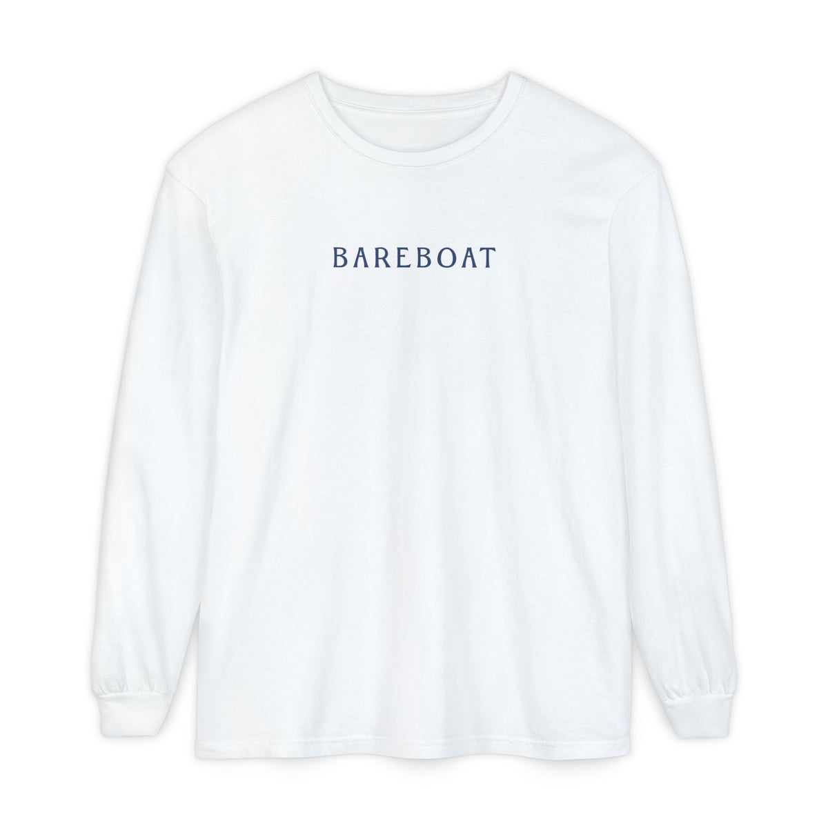 Front of the white Bareboat Motto Long Sleeve with BAREBOAT across the chest