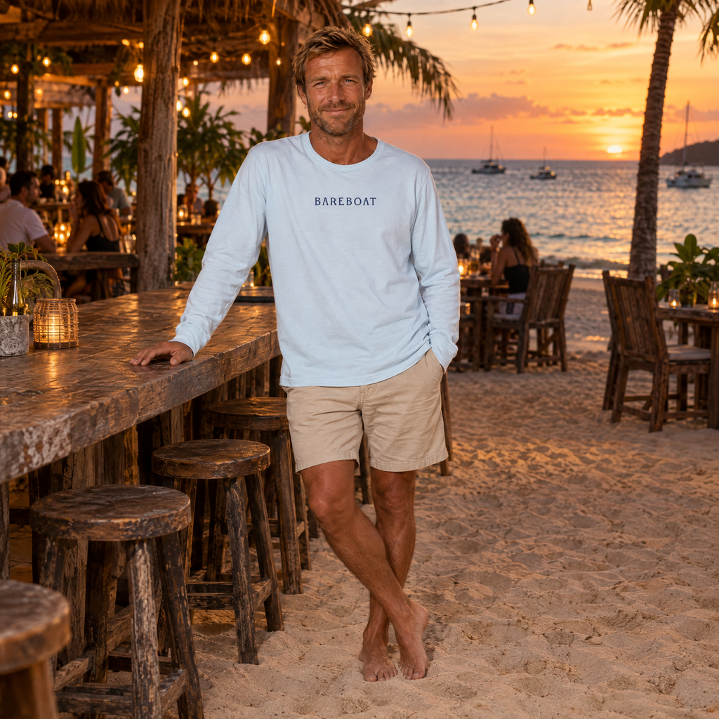 The chambray Bareboat Motto Long Sleeve worn, front view with BAREBOAT across the chest