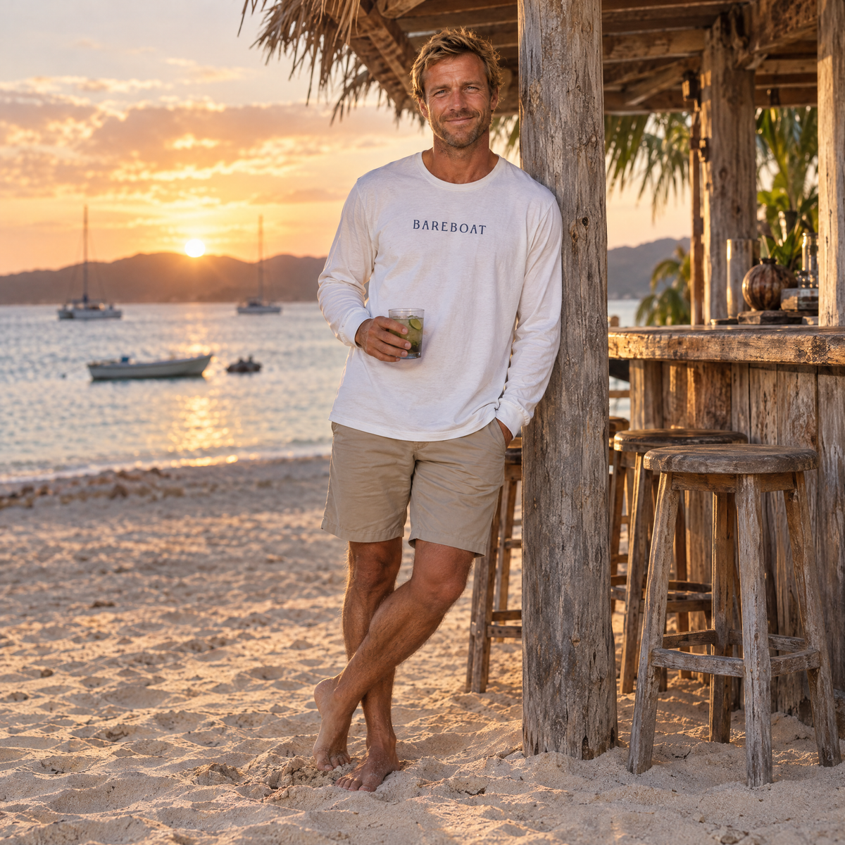 The white Bareboat Motto Long Sleeve worn, front view with BAREBOAT across the chest